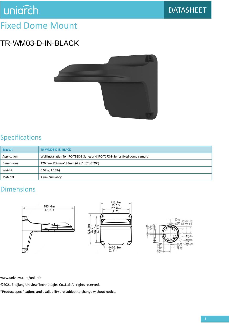 Uniarch TR-WM03-D-IN-BLACK Turret Camera Wall Mount Bracket 0